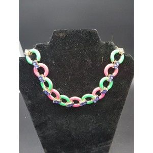 Pink And Green Enamel And Blue Rhinestone Necklace